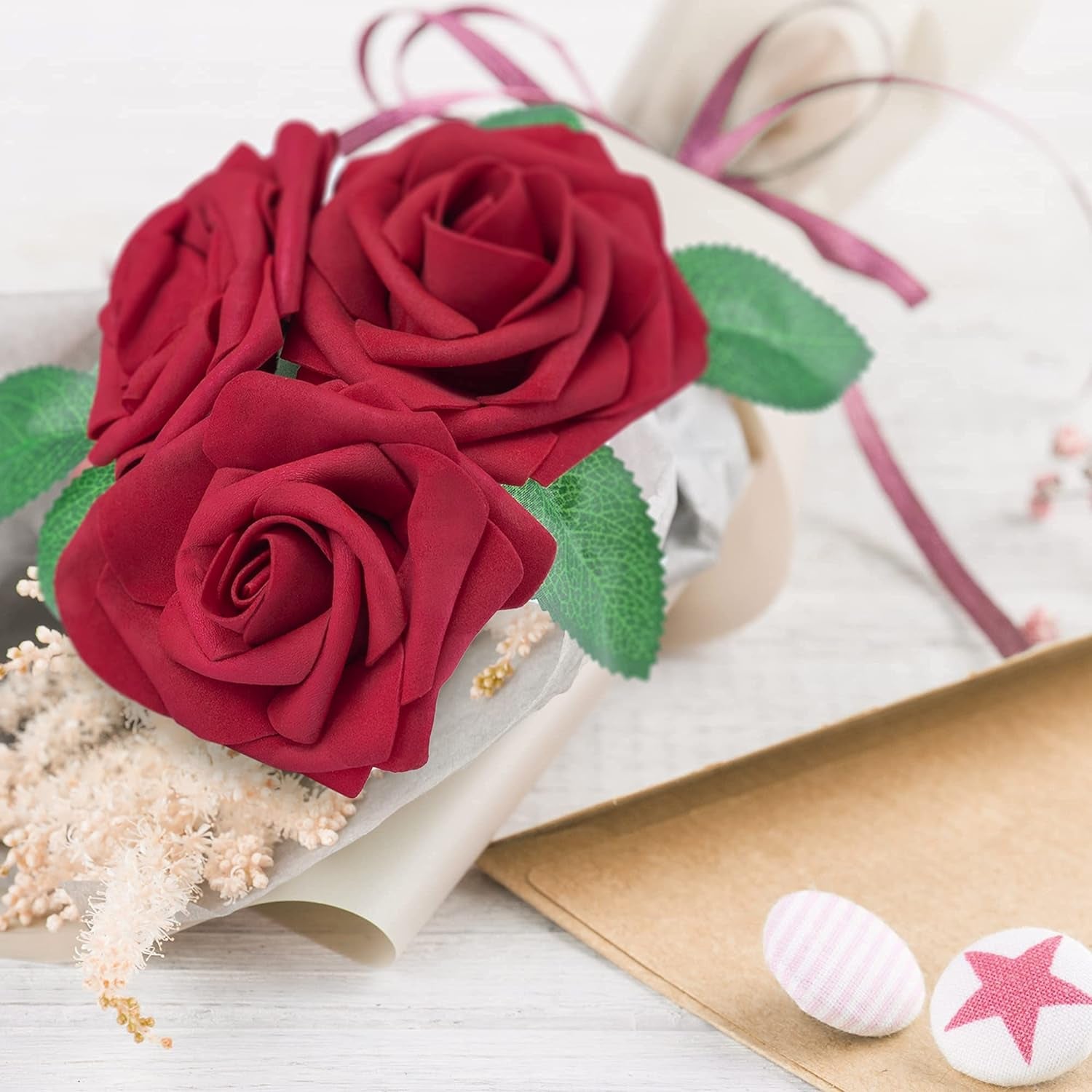 50Pcs Red Roses Artificial Flowers, Dark Red Roses Real Touch Foam Fake Roses Bulk with Stem DIY Craft Flowers for Wedding Bridal Bouquets Centerpieces Arrangement Party Home Decorations