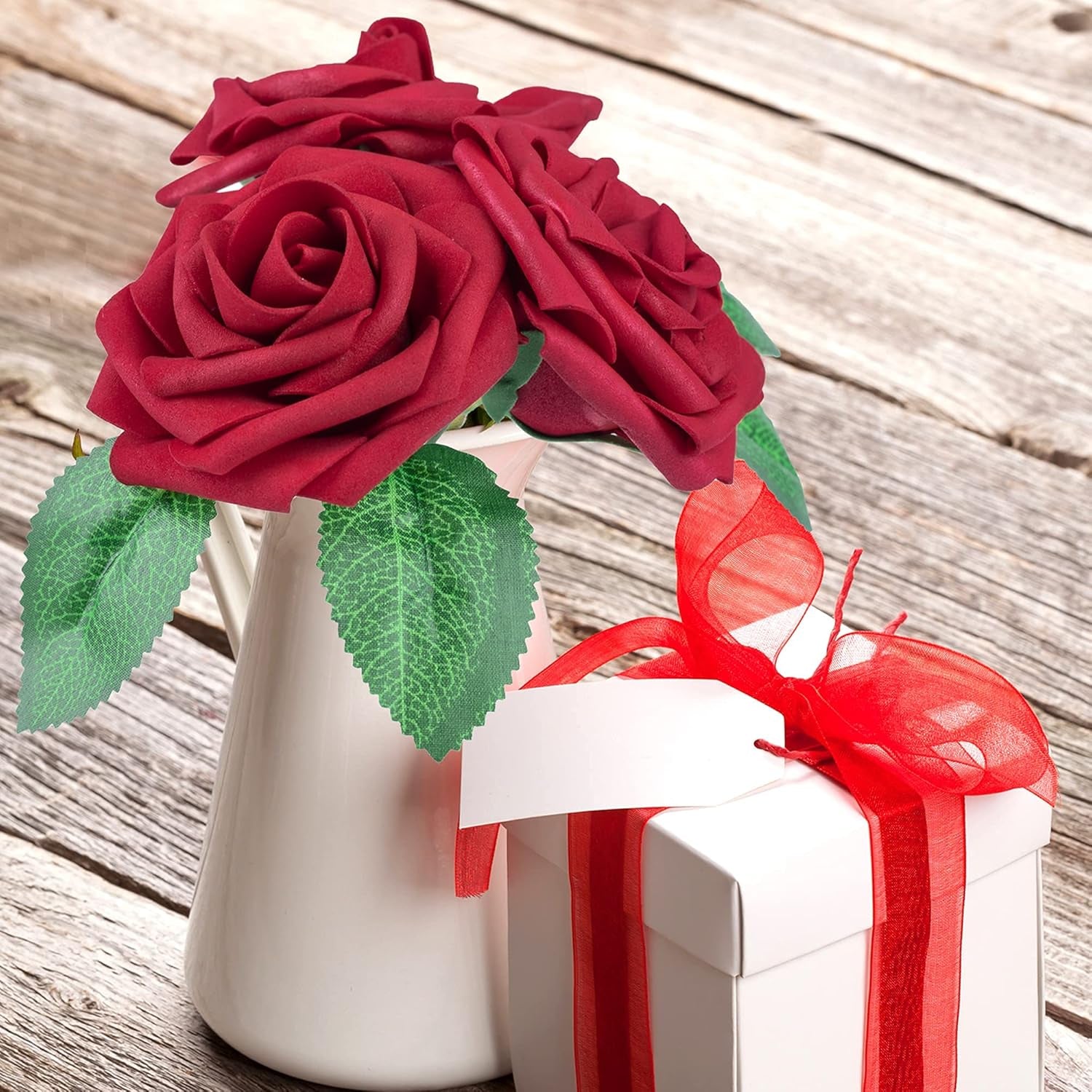 50Pcs Red Roses Artificial Flowers, Dark Red Roses Real Touch Foam Fake Roses Bulk with Stem DIY Craft Flowers for Wedding Bridal Bouquets Centerpieces Arrangement Party Home Decorations
