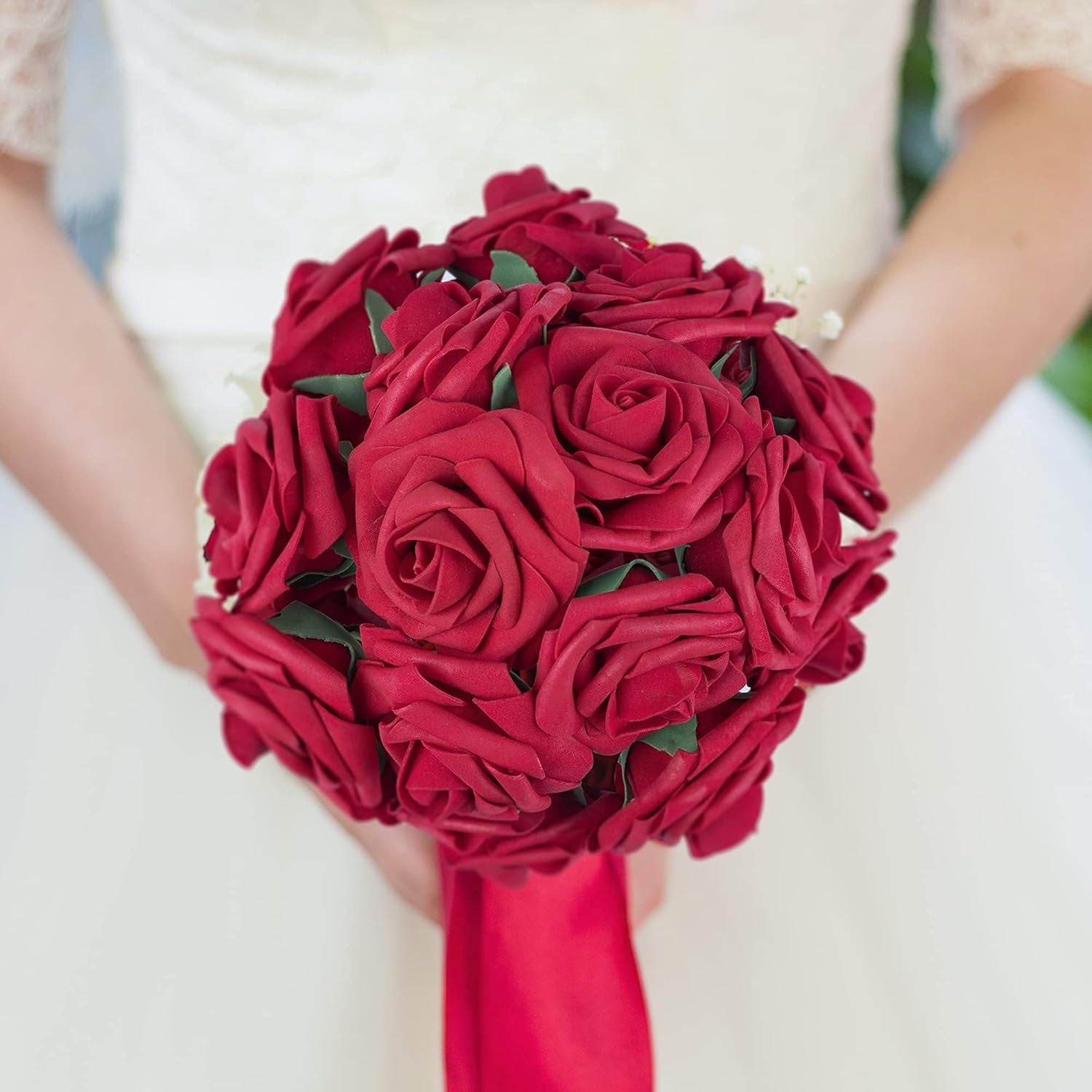 50Pcs Red Roses Artificial Flowers, Dark Red Roses Real Touch Foam Fake Roses Bulk with Stem DIY Craft Flowers for Wedding Bridal Bouquets Centerpieces Arrangement Party Home Decorations