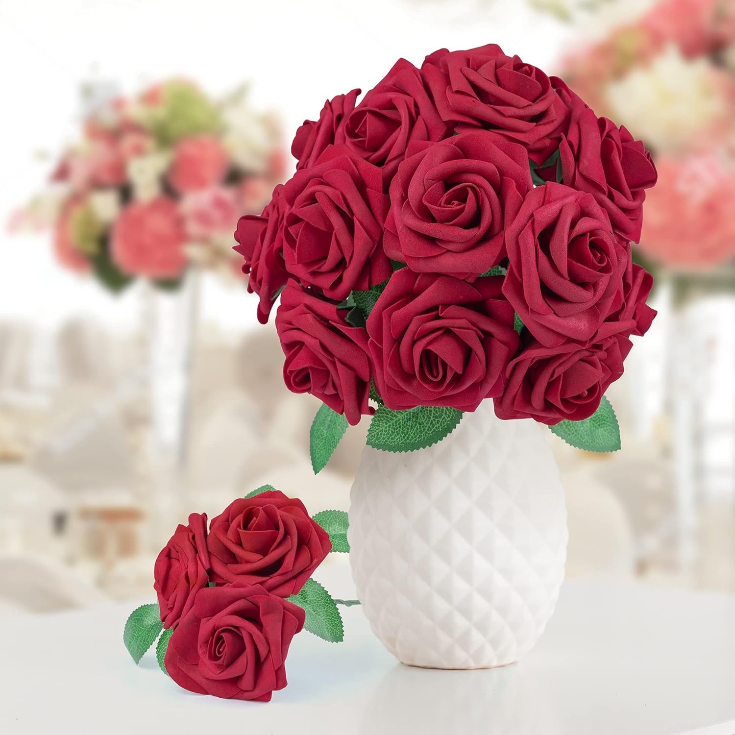 50Pcs Red Roses Artificial Flowers, Dark Red Roses Real Touch Foam Fake Roses Bulk with Stem DIY Craft Flowers for Wedding Bridal Bouquets Centerpieces Arrangement Party Home Decorations