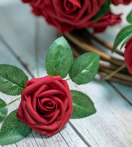 50Pcs Red Roses Artificial Flowers, Dark Red Roses Real Touch Foam Fake Roses Bulk with Stem DIY Craft Flowers for Wedding Bridal Bouquets Centerpieces Arrangement Party Home Decorations