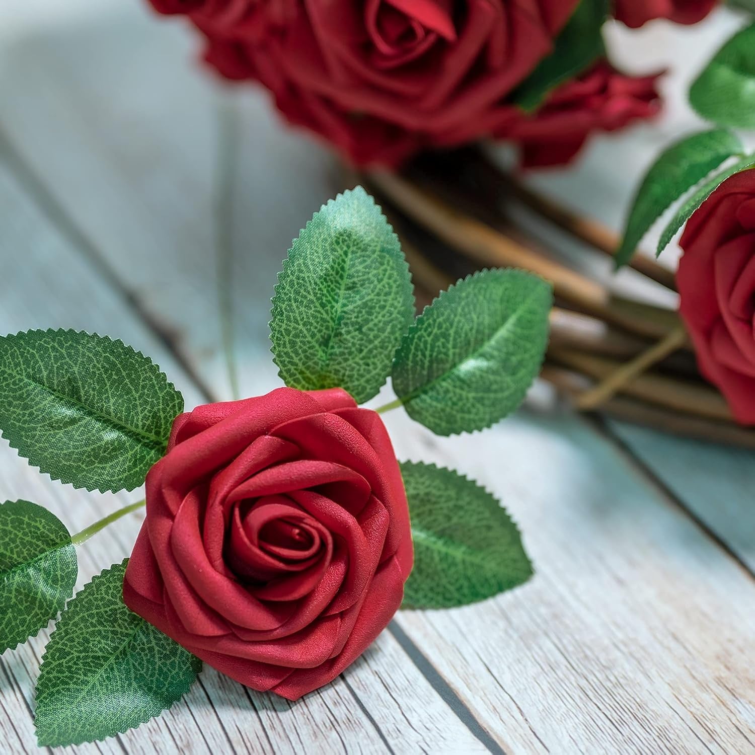 50Pcs Red Roses Artificial Flowers, Dark Red Roses Real Touch Foam Fake Roses Bulk with Stem DIY Craft Flowers for Wedding Bridal Bouquets Centerpieces Arrangement Party Home Decorations