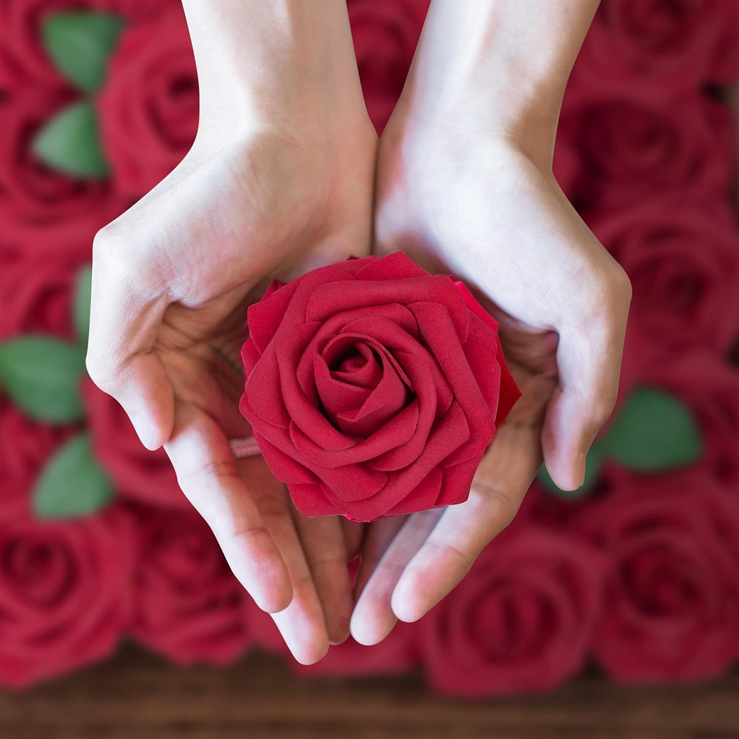 50Pcs Red Roses Artificial Flowers, Dark Red Roses Real Touch Foam Fake Roses Bulk with Stem DIY Craft Flowers for Wedding Bridal Bouquets Centerpieces Arrangement Party Home Decorations
