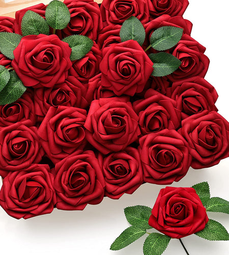 50Pcs Red Roses Artificial Flowers, Dark Red Roses Real Touch Foam Fake Roses Bulk with Stem DIY Craft Flowers for Wedding Bridal Bouquets Centerpieces Arrangement Party Home Decorations