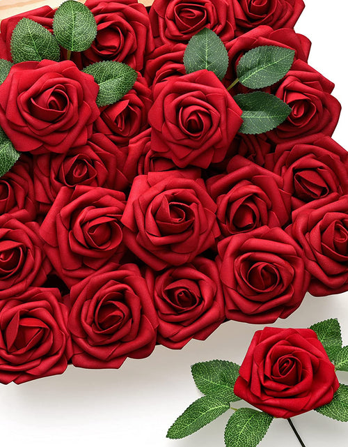 Load image into Gallery viewer, 50Pcs Red Roses Artificial Flowers, Dark Red Roses Real Touch Foam Fake Roses Bulk with Stem DIY Craft Flowers for Wedding Bridal Bouquets Centerpieces Arrangement Party Home Decorations
