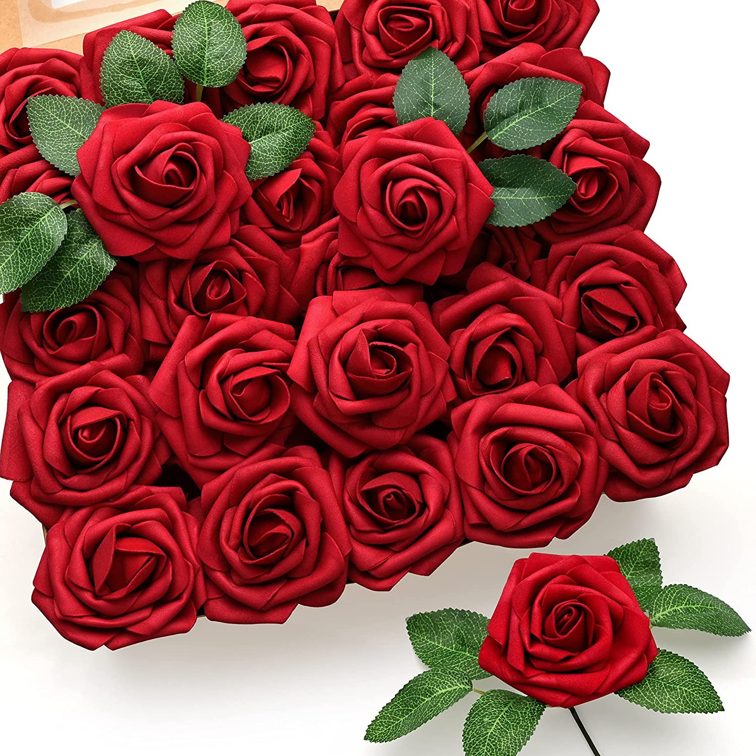 50Pcs Red Roses Artificial Flowers, Dark Red Roses Real Touch Foam Fake Roses Bulk with Stem DIY Craft Flowers for Wedding Bridal Bouquets Centerpieces Arrangement Party Home Decorations
